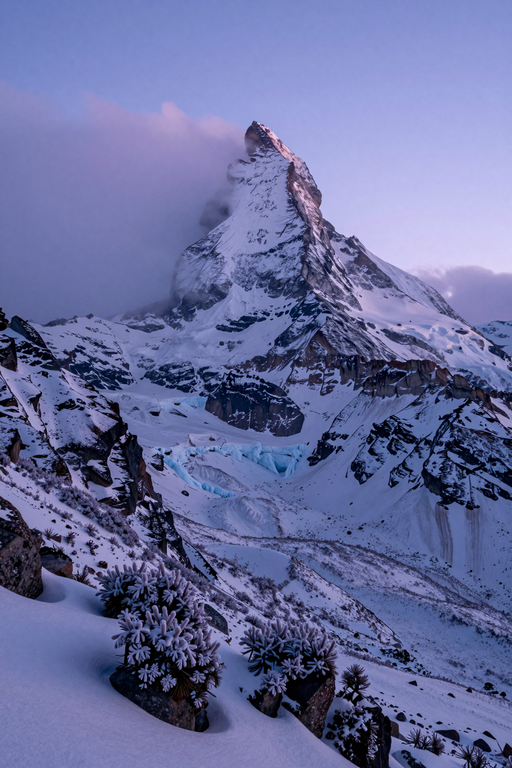 A majestic snow-covered mountain peak rises above a glacier under a soft twilight sky.