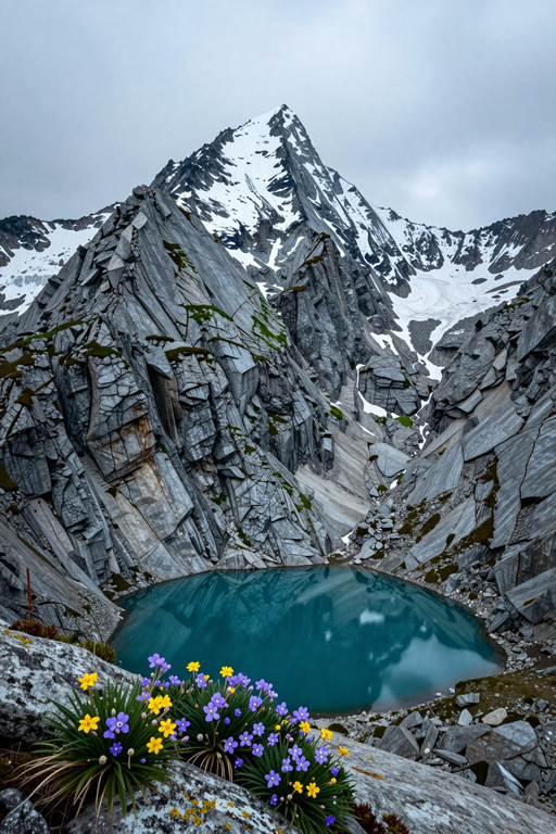 A majestic snow-capped mountain peak towers over a serene turquoise alpine lake surrounded by rocky terrain and wildflowers.