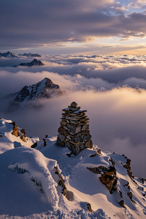 A stone cairn stands atop a snowy mountain peak overlooking a sea of clouds at sunset.
