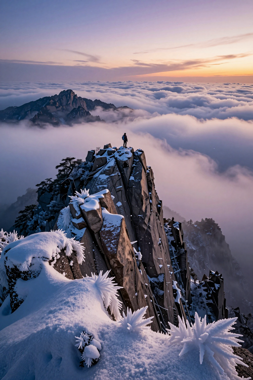 A lone silhouette stands atop a snow-covered mountain peak above a sea of clouds at sunrise.