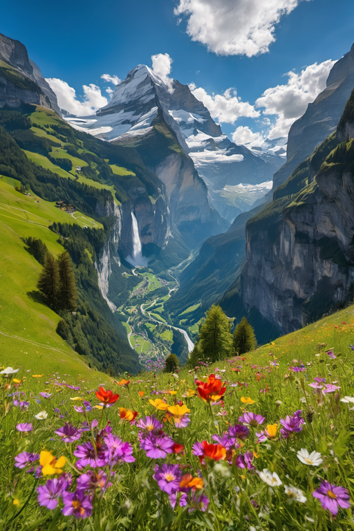 A breathtaking view of snow-capped mountains and a cascading waterfall overlooking a lush valley filled with wildflowers.