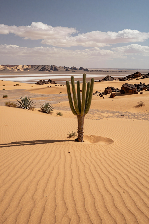 A solitary cactus stands amidst rippled sand dunes in a vast desert landscape under a cloudy sky.