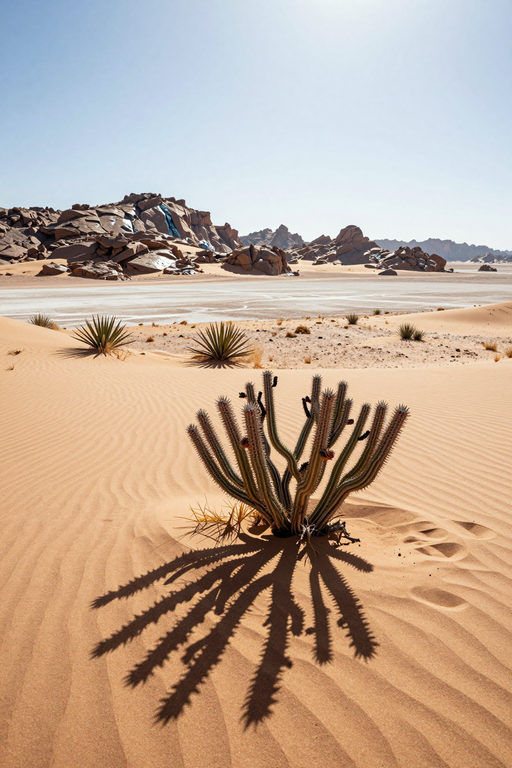 A solitary cactus stands amidst rippling sand dunes in a vast, sunlit desert landscape.