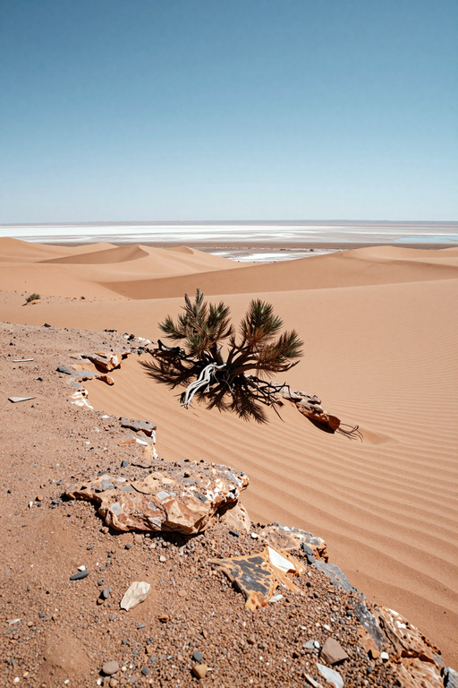A solitary desert shrub stands amidst rippled sand dunes under a clear blue sky.