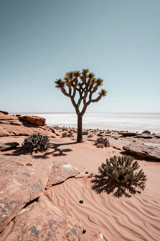 A solitary Joshua tree stands amidst rippled sand dunes under a clear blue sky in a vast desert.