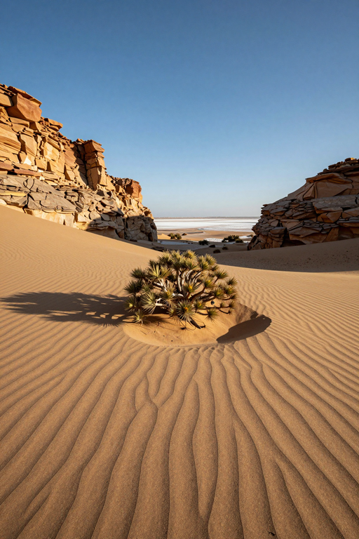 A solitary desert plant grows amidst rippled sand dunes and rocky cliffs under a clear blue sky.