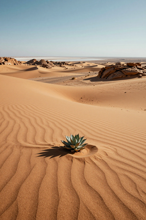 A single succulent grows amidst the rippled patterns of vast desert sand dunes under a clear sky.