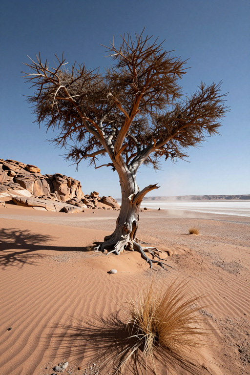 A solitary tree grows from rocky terrain amidst vast desert sand dunes under a clear sky.