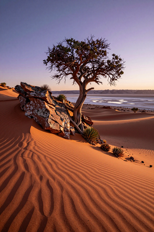 A solitary tree grows amidst rippled sand dunes in a vast desert landscape.