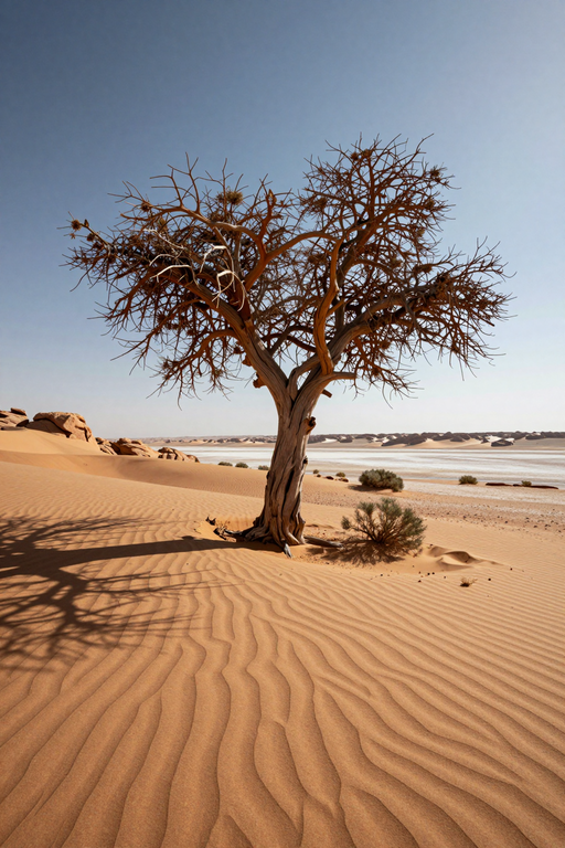 A solitary leafless tree stands amidst rippled sand dunes under a clear blue sky.