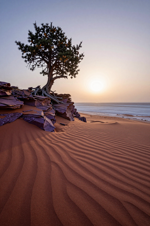 A solitary tree grows from rocky sand dunes overlooking a serene ocean at sunset.