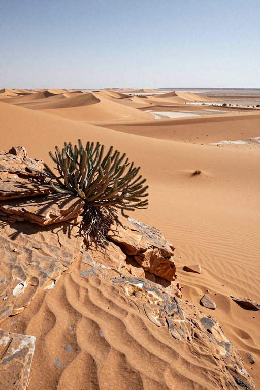 A green succulent grows amidst rocky terrain overlooking vast desert sand dunes under a clear sky.