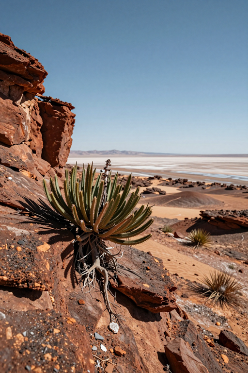 Une plante succulente pousse sur une falaise de roche rouge escarpée surplombant un vaste paysage désertique.