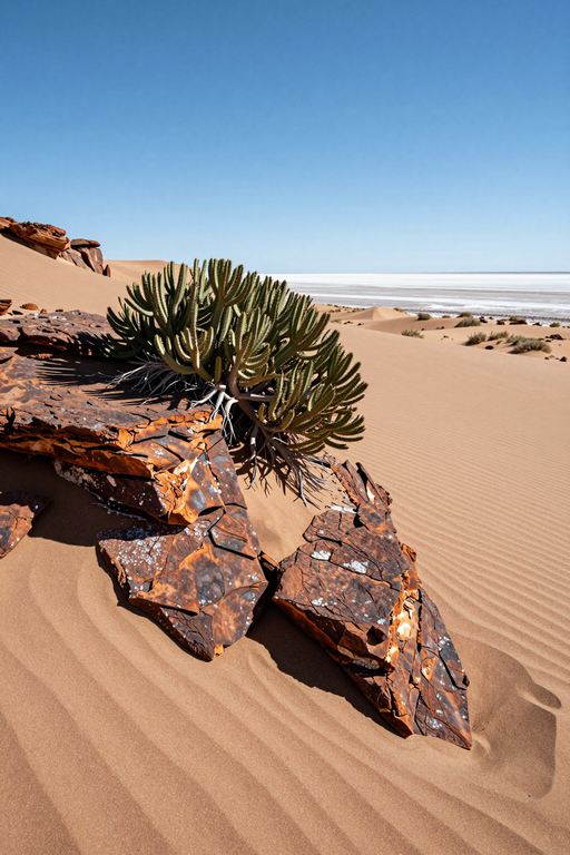 A green succulent plant grows amidst reddish rocks in a vast desert landscape under a clear blue sky.