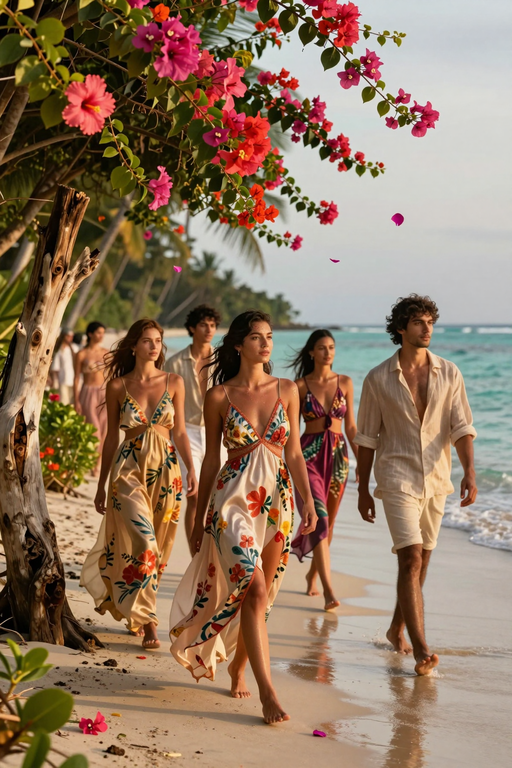 A group of young adults walking along a tropical beach under blooming pink flowers.