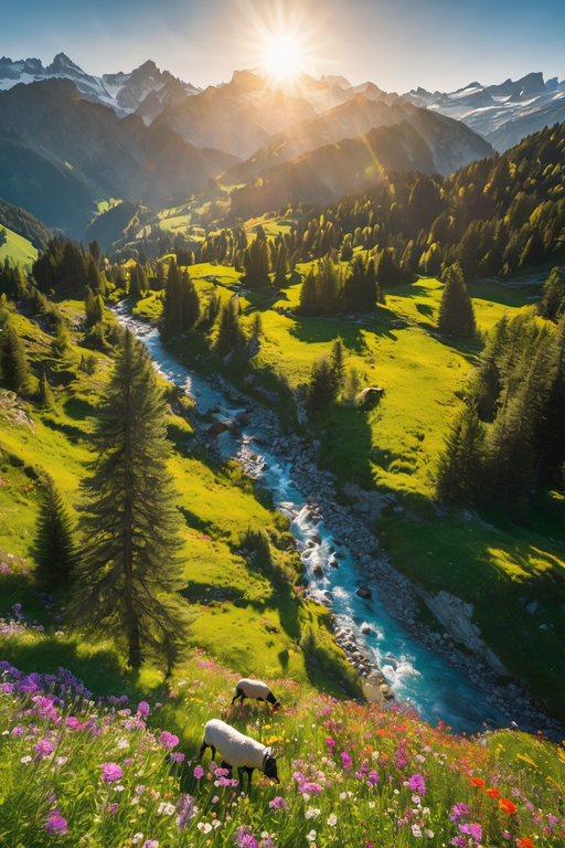 A scenic mountain valley with a flowing river, grazing sheep, and vibrant wildflowers under bright sunlight.