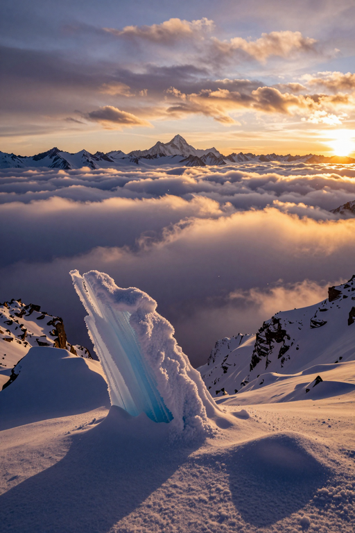 A majestic mountain peak rises above a thick layer of clouds during a golden sunset.