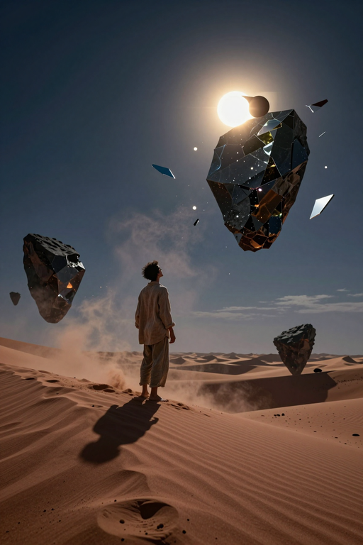 A solitary figure stands amidst desert dunes, gazing up at massive floating geometric crystals under a bright sun.