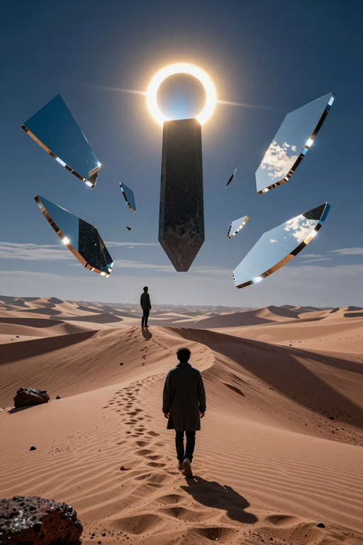 A surreal scene of a man walking through sand dunes towards floating mirror fragments and a glowing sun.