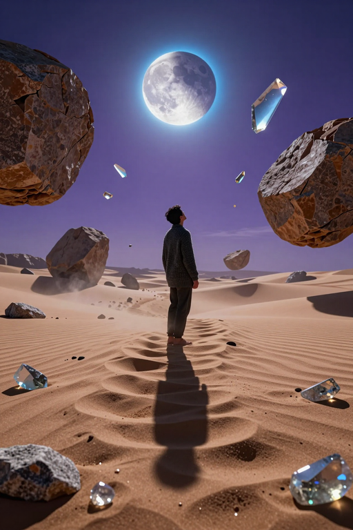 Una persona si trova sola in un paesaggio desertico surreale sotto una grande luna luminosa con rocce e cristalli fluttuanti.