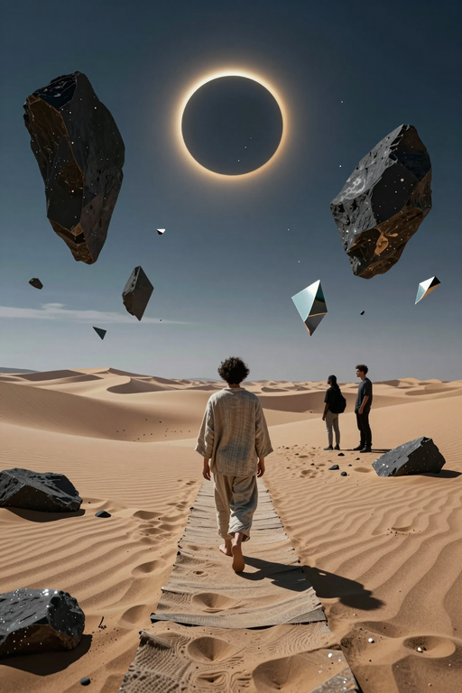 A person walks along a wooden path through sand dunes towards a dramatic solar eclipse with floating rocks.