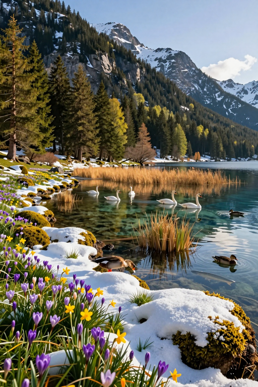 A peaceful alpine lake with swans swimming near snow-covered shores and blooming spring flowers.