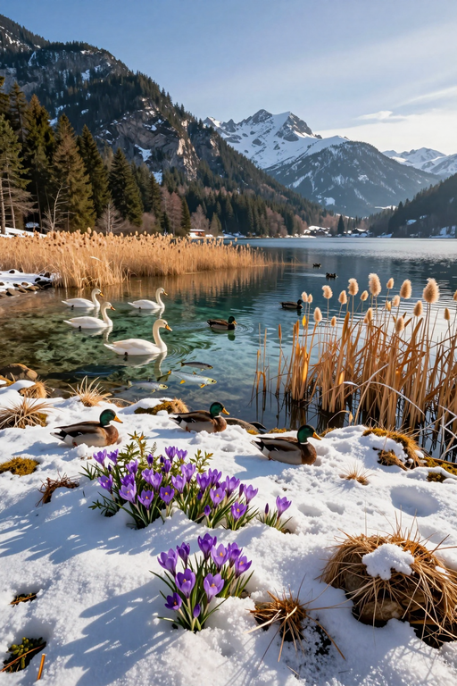 White swans and ducks swim on a serene mountain lake surrounded by snow and blooming purple crocuses.