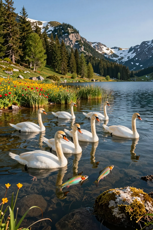Un groupe de cygnes blancs nageant gracieusement sur un lac de montagne limpide, entouré de sommets enneigés.