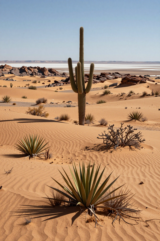 A tall cactus stands prominently amidst sand dunes and desert vegetation under a clear blue sky.
