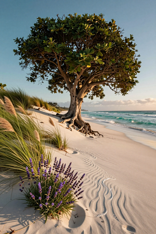 A large tree with prominent roots stands on a sandy beach near the ocean waves.