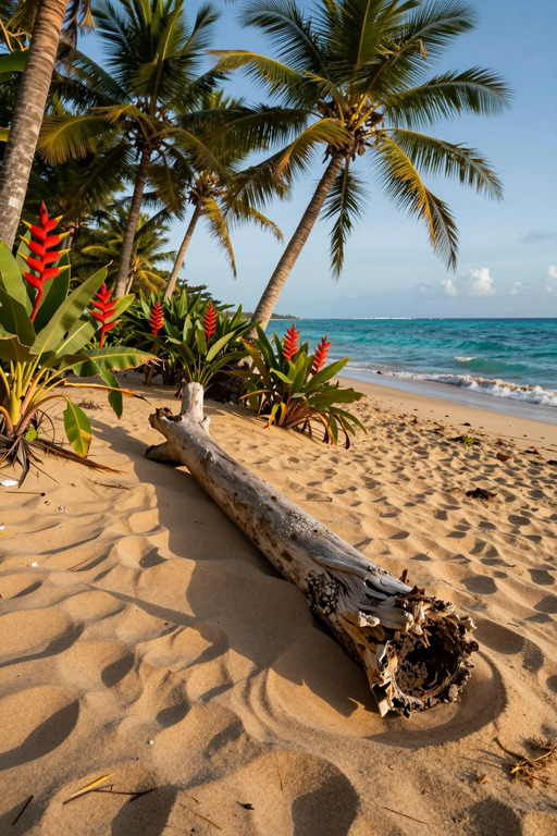 A piece of weathered driftwood rests on a sandy tropical beach lined with palm trees.