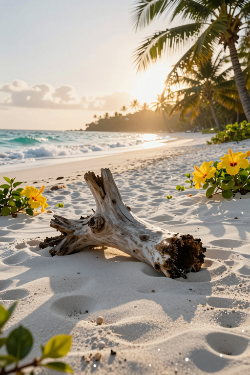 Un morceau de bois flotté repose sur une plage tropicale ensoleillée, entourée de fleurs jaunes et de palmiers.