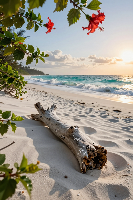 Red hibiscus flowers frame a piece of driftwood on a sunny tropical beach.