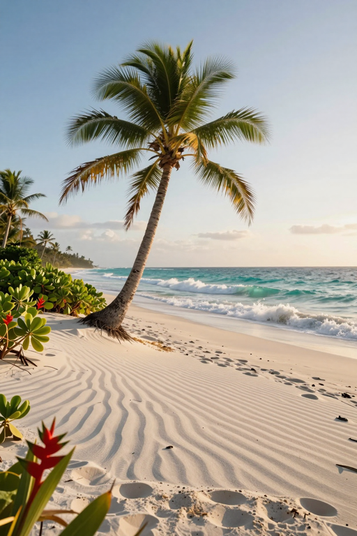Ein serener tropischer Strand mit einer schrägen Palme, Wellen aus weißem Sand und türkisfarbenen Meereswellen unter einem hellen Himmel.