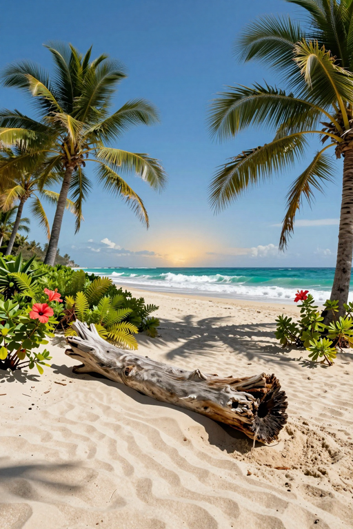 A sunny tropical beach with palm trees, white sand, and driftwood near the ocean.