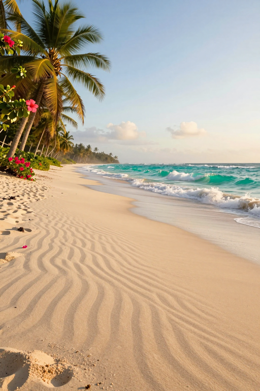 A serene tropical beach with white sand, palm trees, and turquoise ocean waves under a clear sky.
