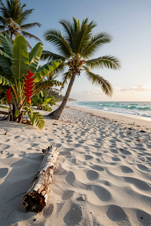 A serene tropical beach featuring palm trees, white sand, and gentle ocean waves under a clear sky.