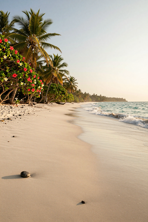 A serene tropical beach featuring white sand, lush palm trees, and gentle ocean waves.