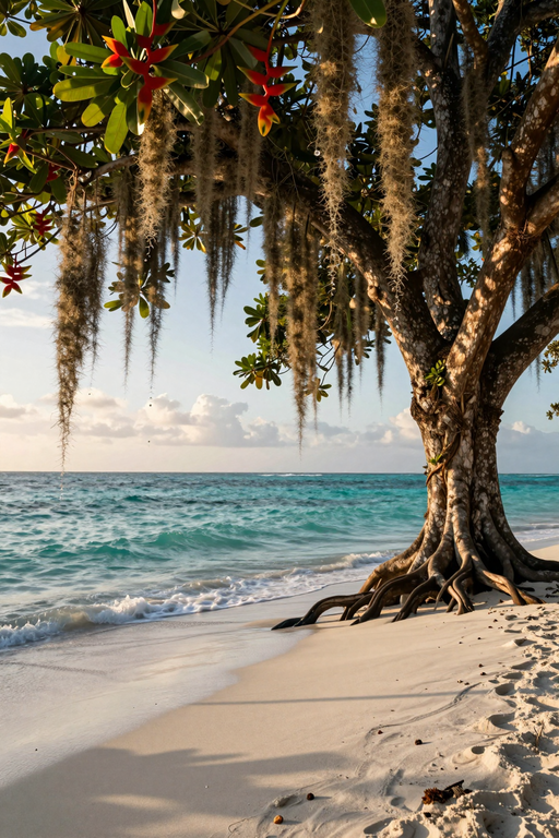 A serene tropical beach scene featuring a large tree with exposed roots at the edge of the ocean waves.