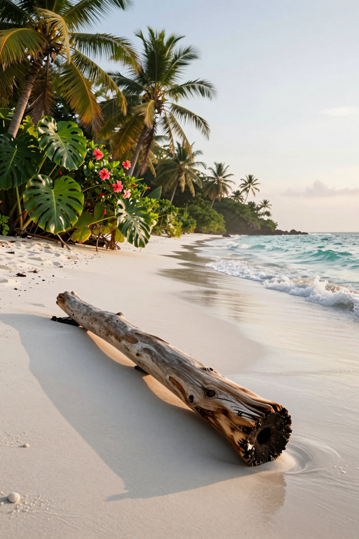 A piece of weathered driftwood rests on a pristine white sand beach under tropical palm trees.