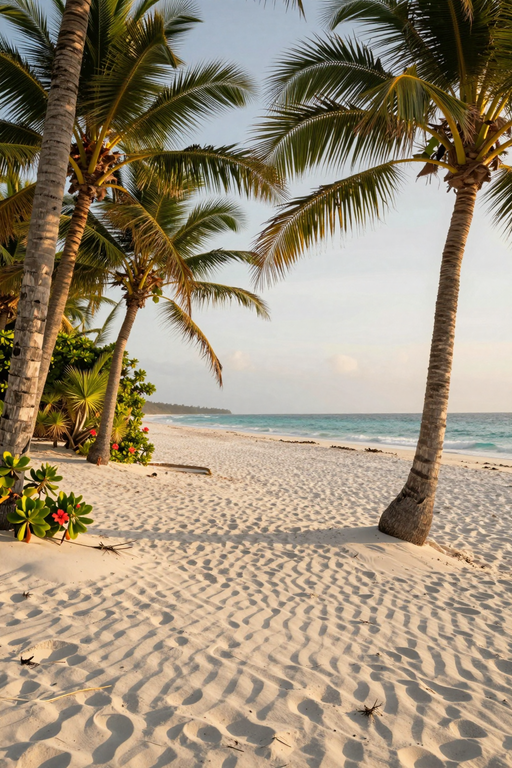 A serene tropical beach scene featuring tall palm trees overlooking white sand and the turquoise ocean.