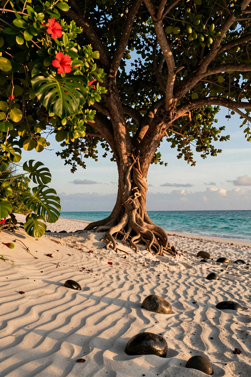 A large tropical tree with prominent roots grows on a sandy beach overlooking the turquoise ocean.