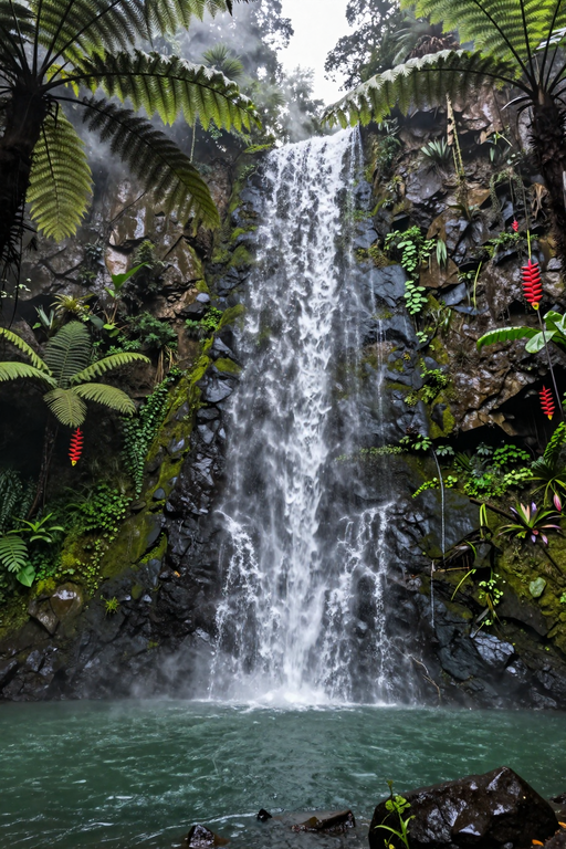 A cascading waterfall flows down dark rocky cliffs surrounded by lush green ferns and tropical vegetation.