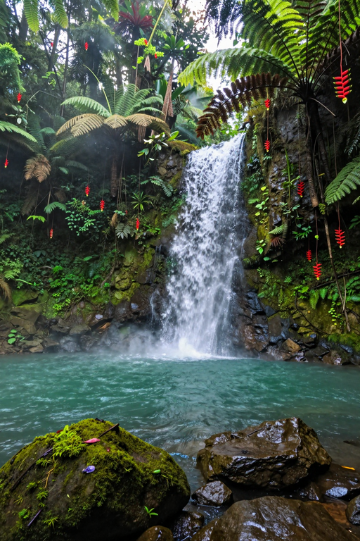 A beautiful cascading waterfall flows into a clear turquoise pool surrounded by lush tropical vegetation.