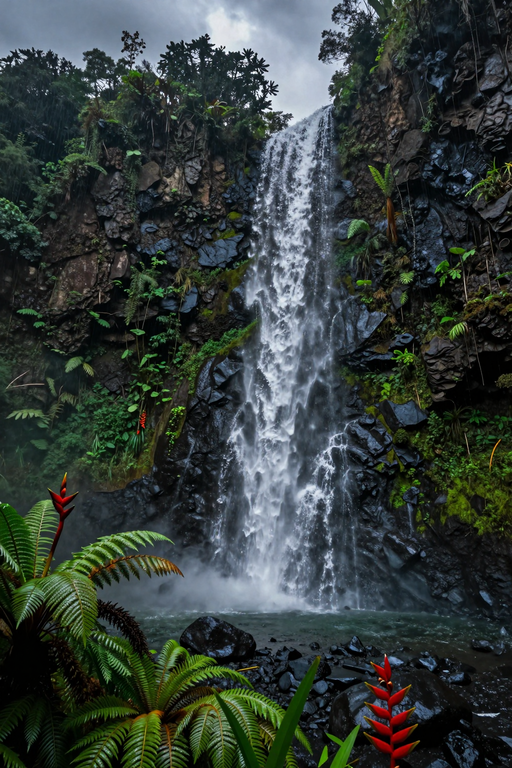A powerful waterfall cascades down a dark, rocky cliff surrounded by lush tropical greenery.