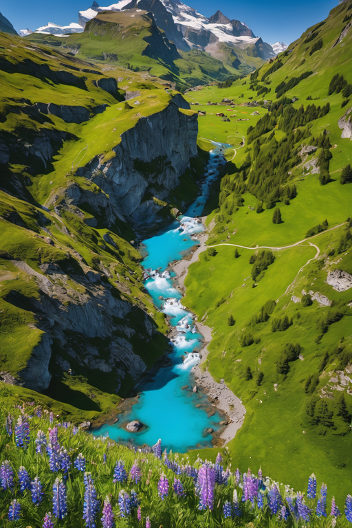 A breathtaking view of a turquoise river winding through lush green alpine mountains and wildflowers.