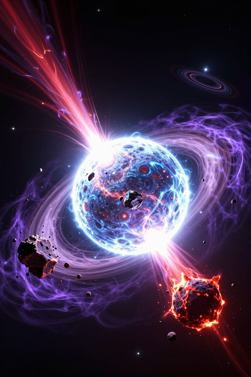 Ein vibrierender blauer Planet, umgeben von wirbelnden lila Nebeln und schwebenden Asteroiden im tiefen Weltraum.