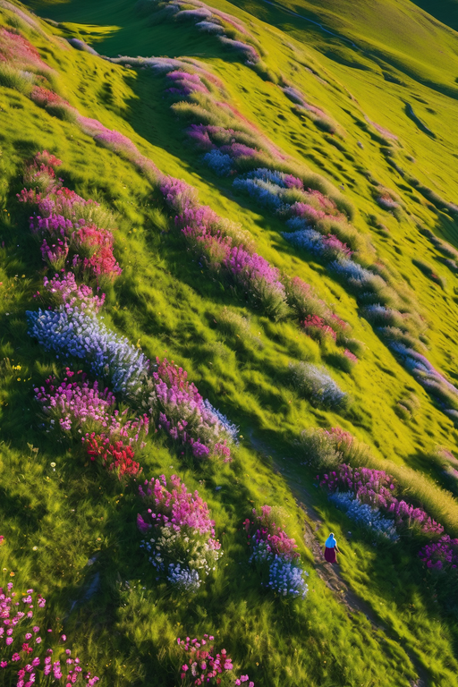Eine lebendige Landschaft aus sanften grünen Hügeln, bedeckt mit bunten Wildblumen unter hellem Sonnenlicht.