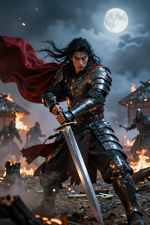 A fierce warrior in ornate armor brandishes a sword under the light of a full moon.