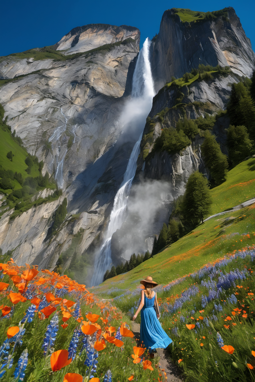 A woman in a blue dress walks through a vibrant field of wildflowers towards a massive waterfall.